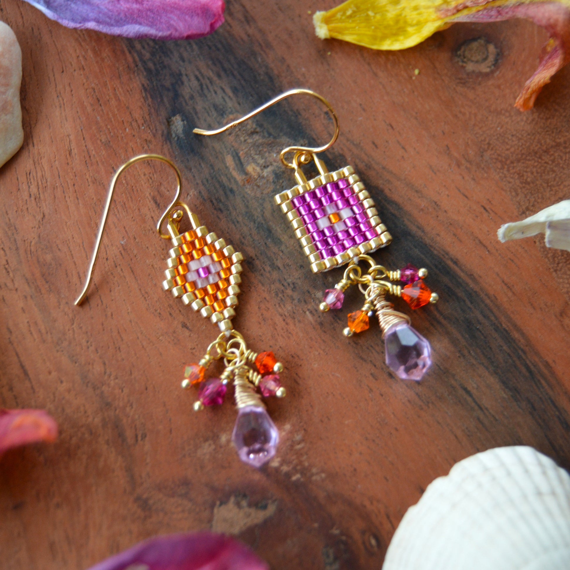Woven earrings combined with Czech faceted glass beads and gold-plated sterling silver. 