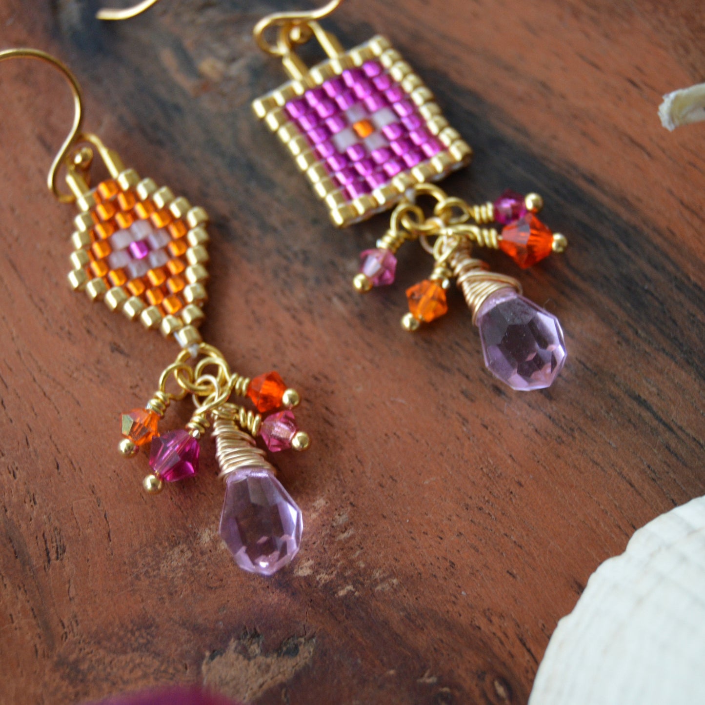 Woven earrings combined with Czech faceted glass beads and gold-plated sterling silver. 