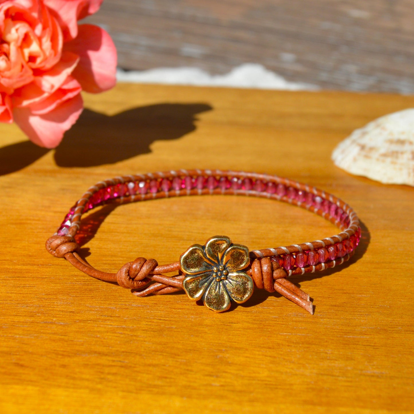 Boho Beaded Leather Wrap Bracelet - Ruby