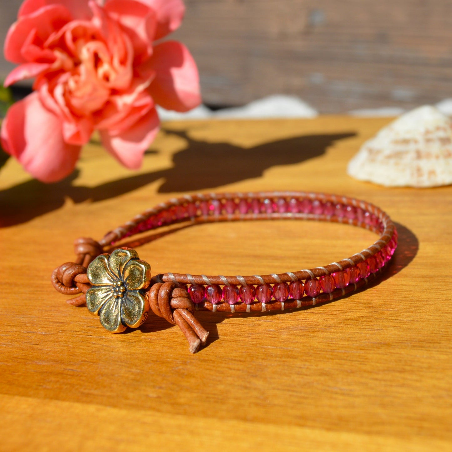Boho Beaded Leather Wrap Bracelet - Ruby
