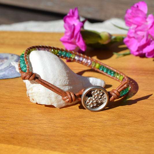 Boho Beaded Leather Wrap Bracelet - Misty Green