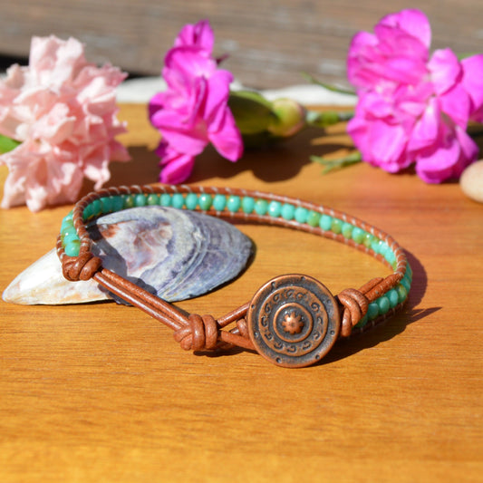 Boho Beaded Leather Wrap Bracelet - Turquoise