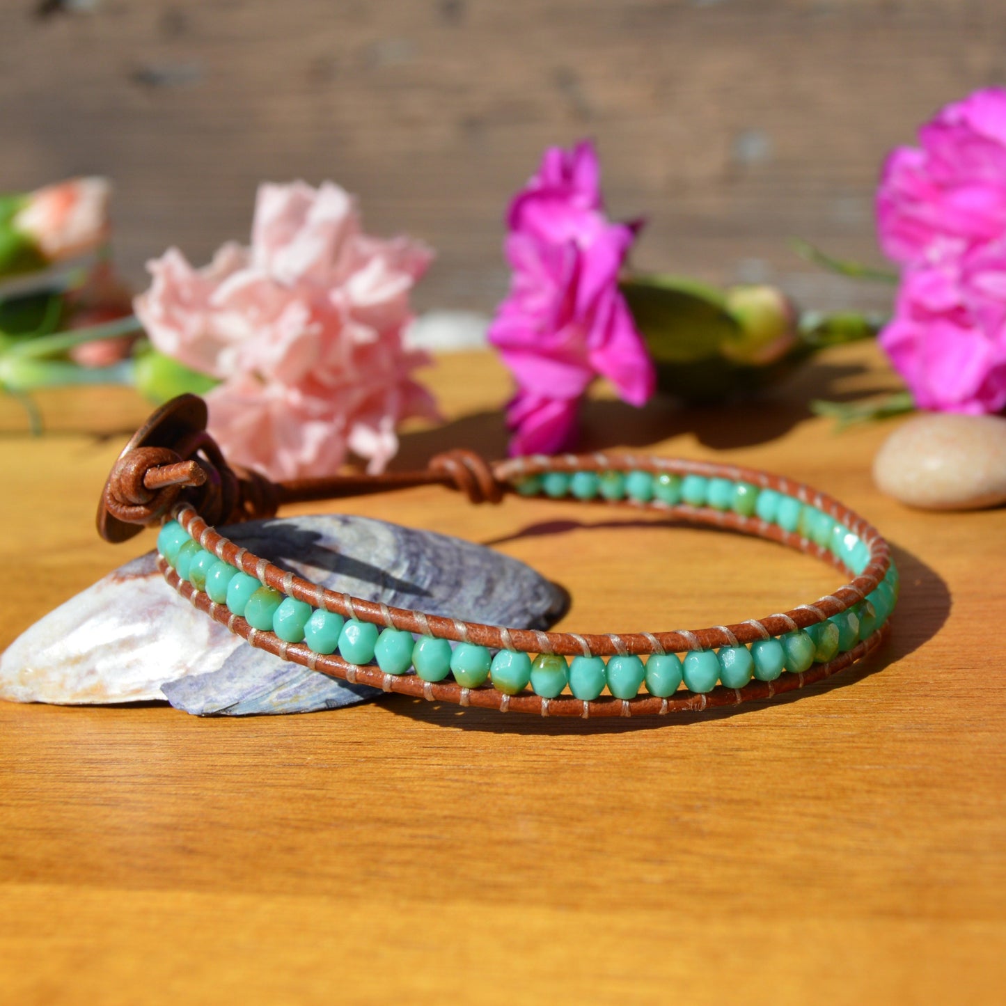 Boho Beaded Leather Wrap Bracelet - Turquoise