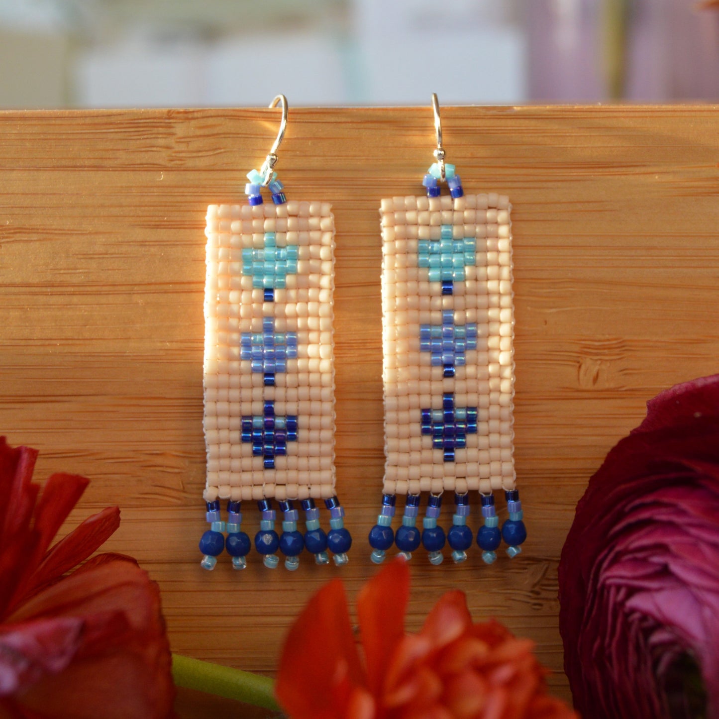 Woven earrings Folklore Flowers beaded with Japanese seed beads and Czech glass faceted beads.