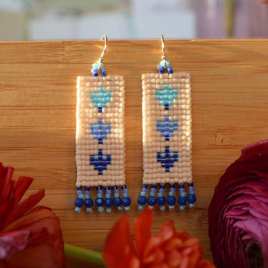 Woven earrings Folklore Flowers beaded with Japanese seed beads and Czech glass faceted beads.