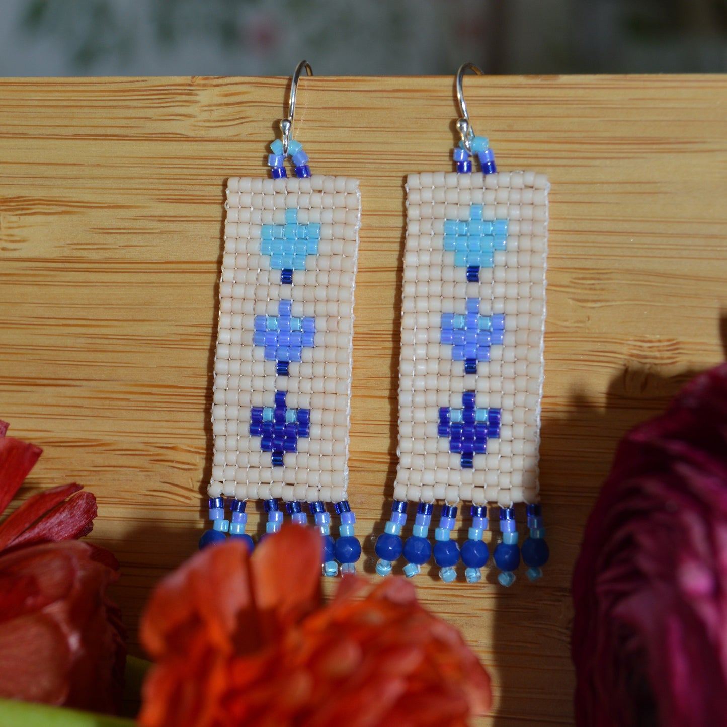 Woven earrings Folklore Flowers beaded with Japanese seed beads and Czech glass faceted beads.