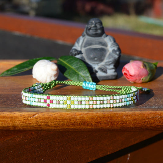 Woven Beaded Bracelet - Green Flowers