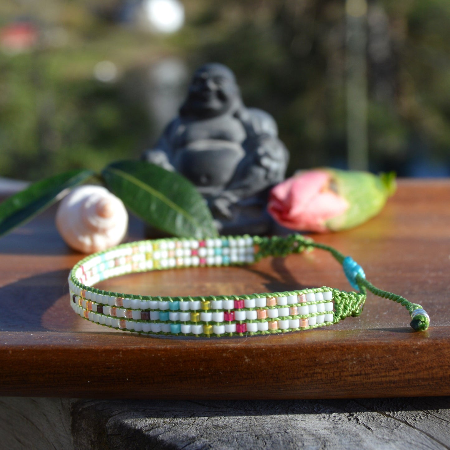 Woven Beaded Bracelet - Green Flowers