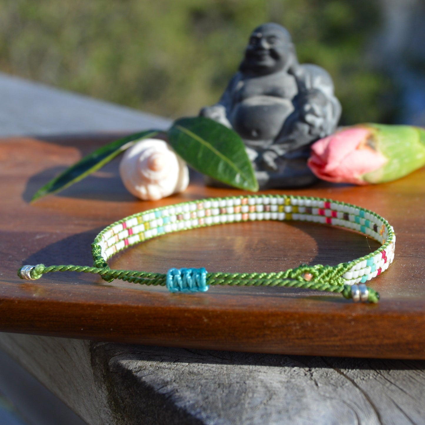 Woven Beaded Bracelet - Green Flowers
