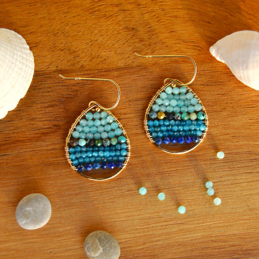 Gemstone Drop Earrings wire-wrapped with Amazonite, Apatite, Lapis, and Hubei Turquoise. Gold-plated sterling silver.