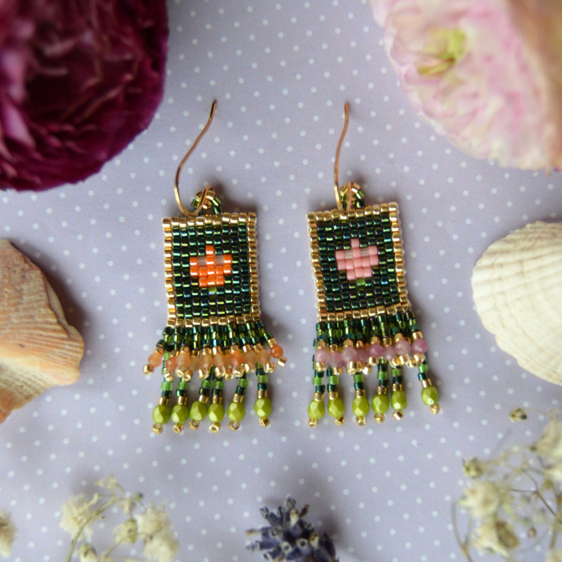 Woven Folklore Flowers earrings beaded with Japanese seed beads, orange aventurine & pink tourmaline.
