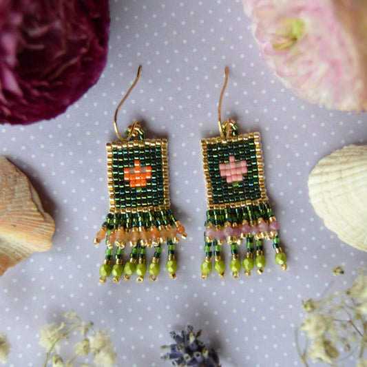 Woven Folklore Flowers earrings beaded with Japanese seed beads, orange aventurine & pink tourmaline.