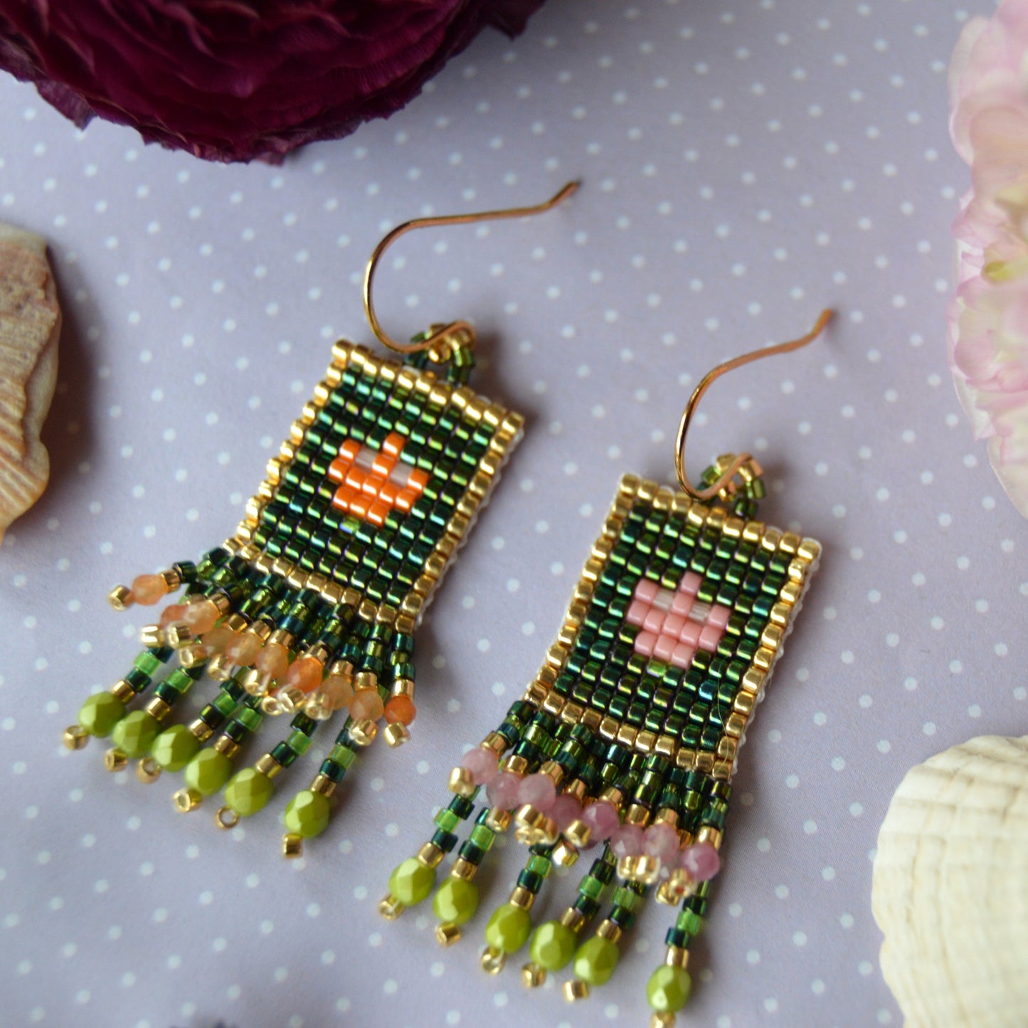 Woven Folklore Flowers earrings beaded with Japanese seed beads, orange aventurine & pink tourmaline.