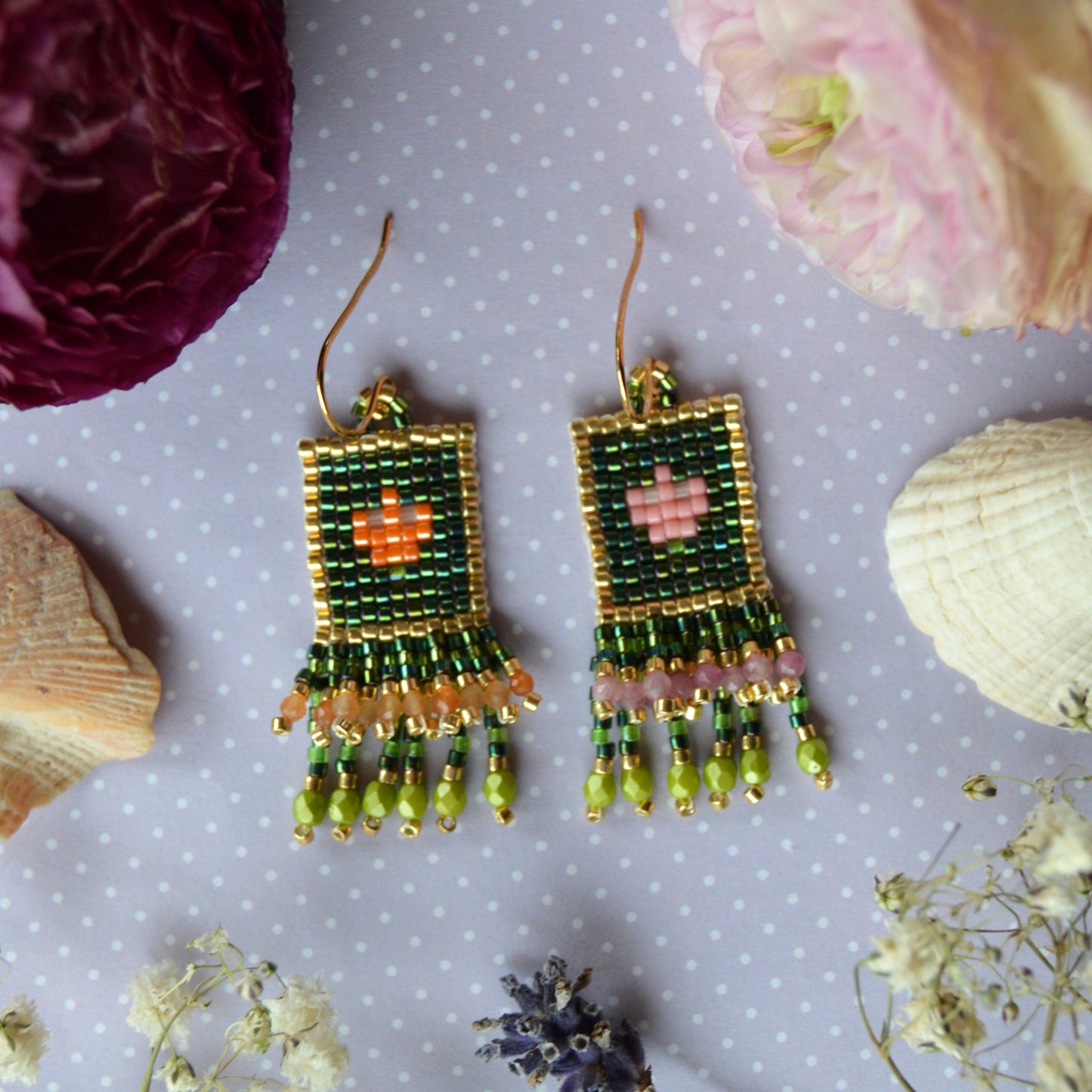 Woven Folklore Flowers earrings beaded with Japanese seed beads, orange aventurine & pink tourmaline.
