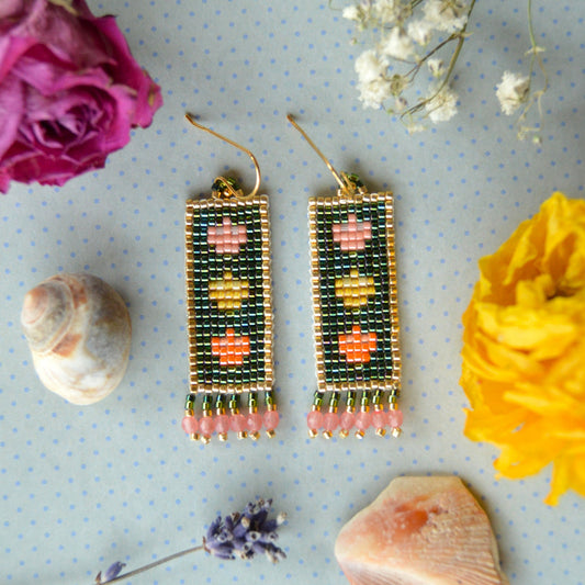 Woven Folklore Flowers earrings beaded with Japanese seed beads and Czech glass faceted beads.