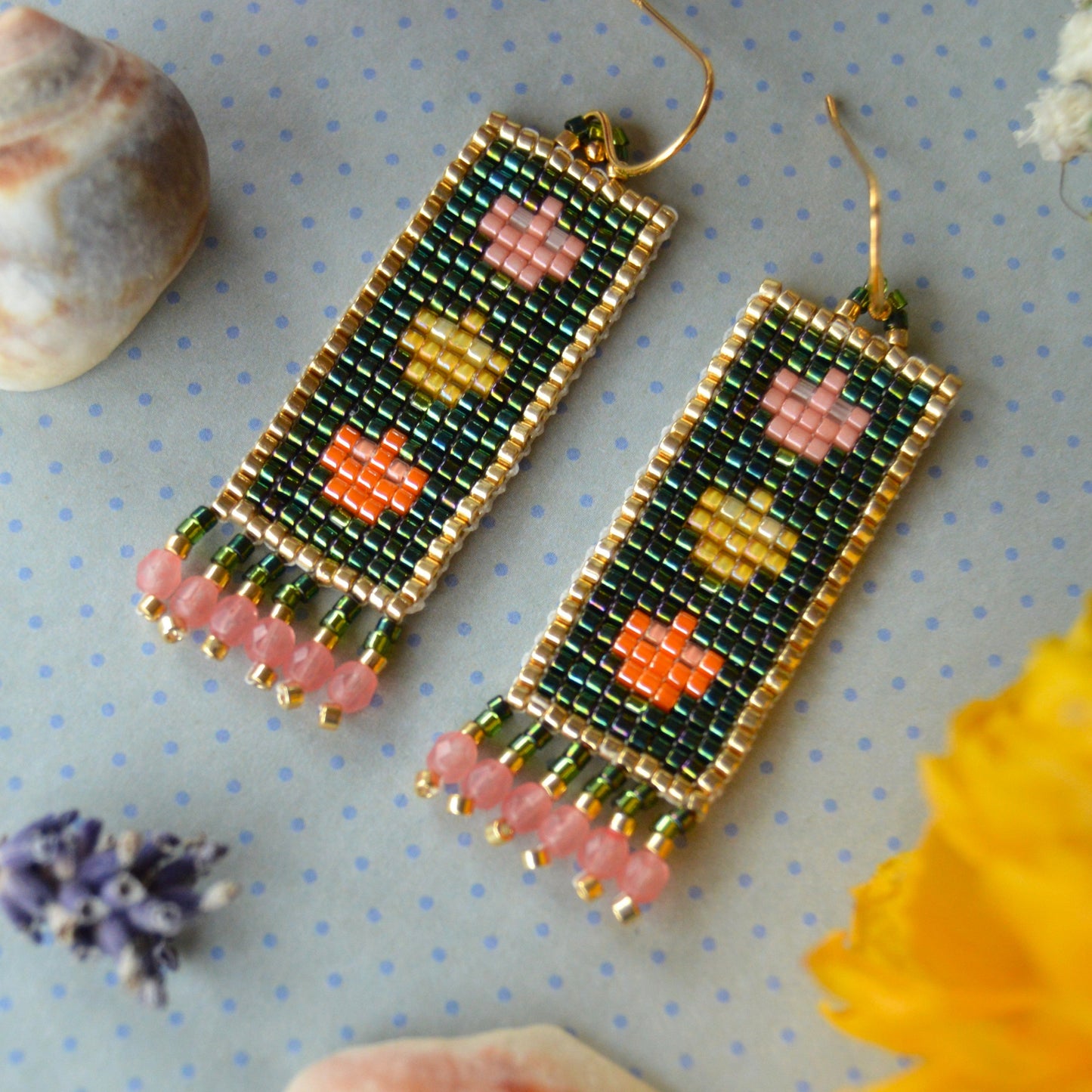 Woven Folklore Flowers earrings beaded with Japanese seed beads and Czech glass faceted beads.