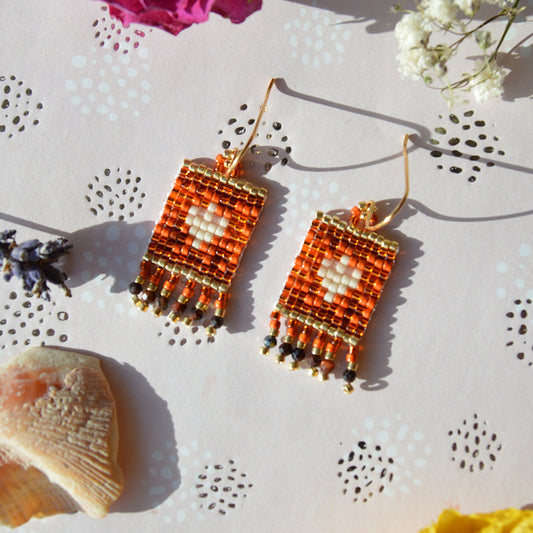 Small woven earrings Folklore Flowers beaded with Japanese seed beads and Red Tiger Eye gemstones.