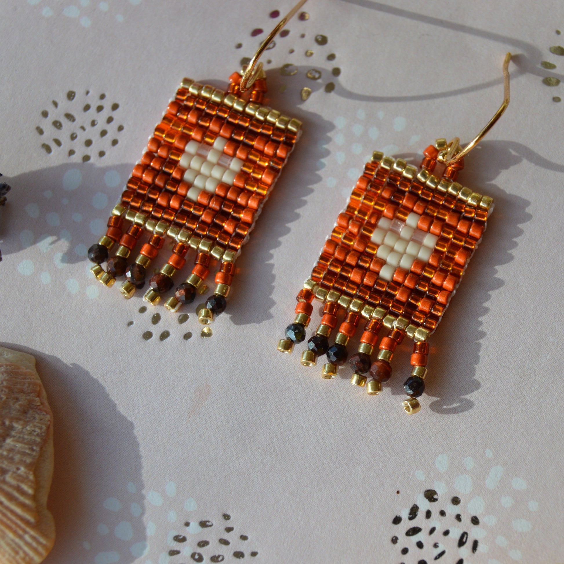 Small woven earrings Folklore Flowers beaded with Japanese seed beads and Red Tiger Eye gemstones.