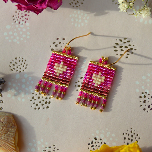 Small woven earrings Folklore Flowers beaded with Japanese seed beads and Ruby gemstones.