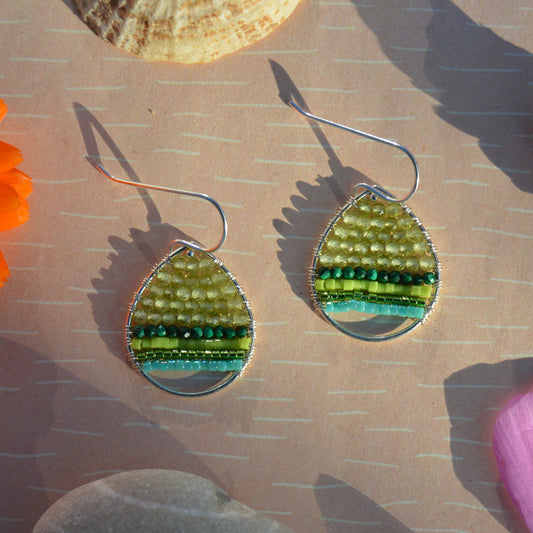 Sterling silver wire wrapped drop earrings with gemstones & seed beads.