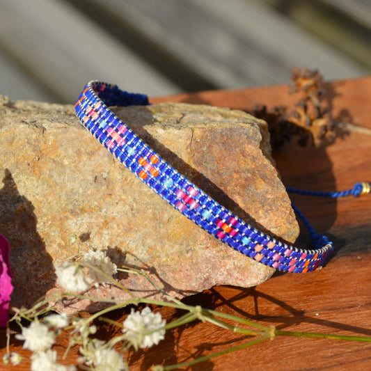 Woven Beaded Bracelet - Dark Metallic Blue & Pinkish