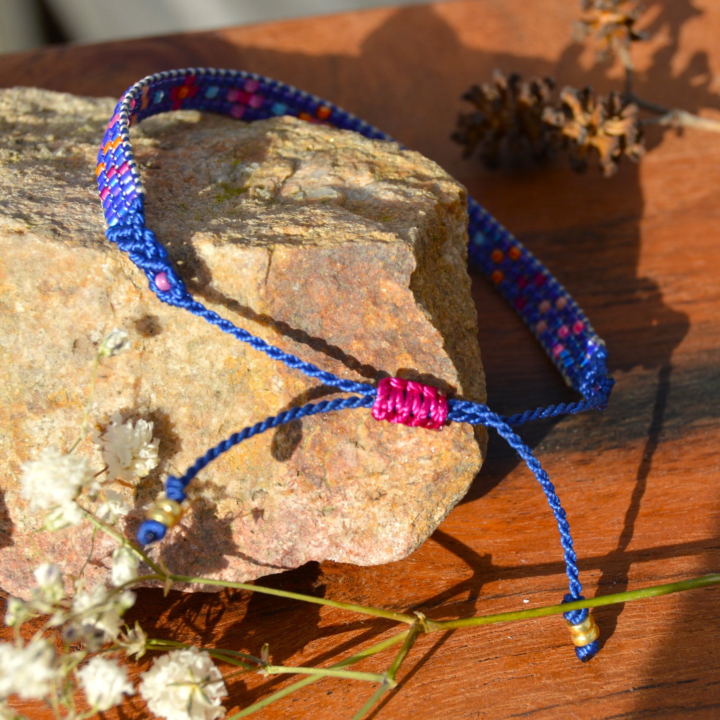 Woven Beaded Bracelet - Dark Metallic Blue & Pinkish
