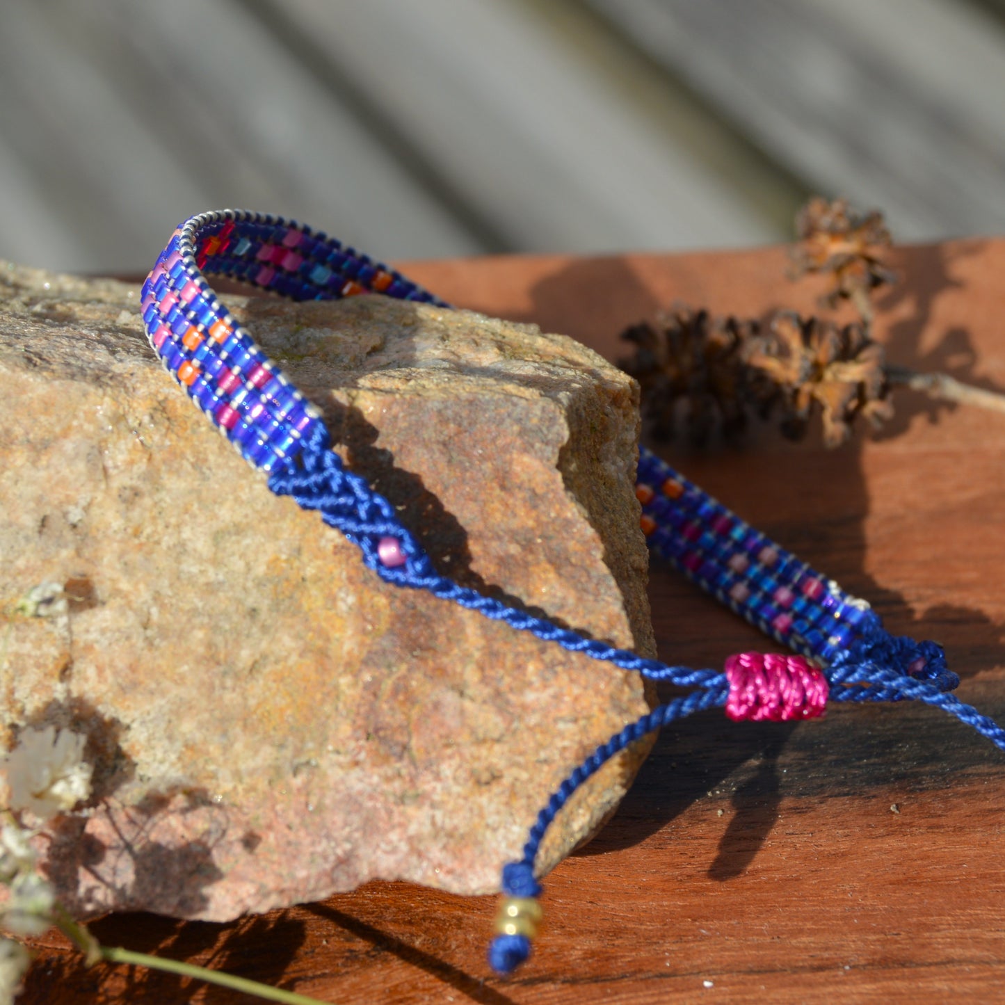 Woven Beaded Bracelet - Dark Metallic Blue & Pinkish