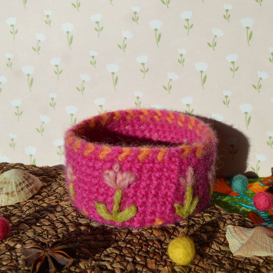 Small Crochet Basket - Embroidered Flowers - Cerise