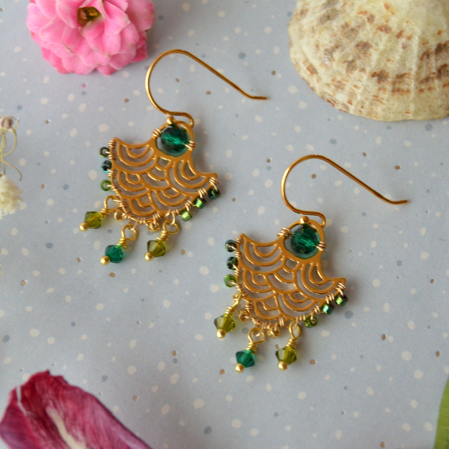 Gold-plated sterling silver earrings with bohemian look and Czech crystals in green tones.