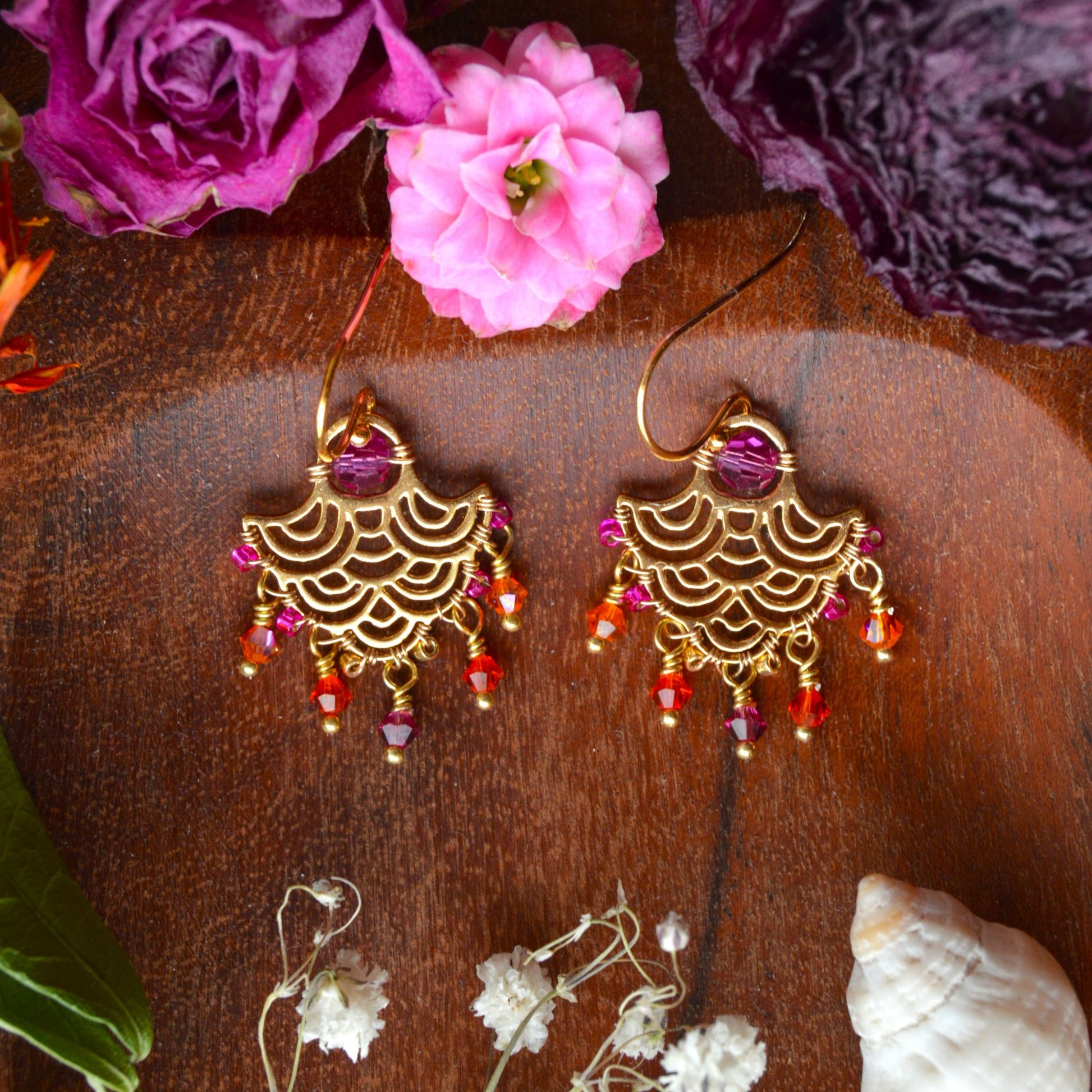 Gold-plated Sterling Silver Earrings Boho Chic - Waterfall - Cerise & Orange.