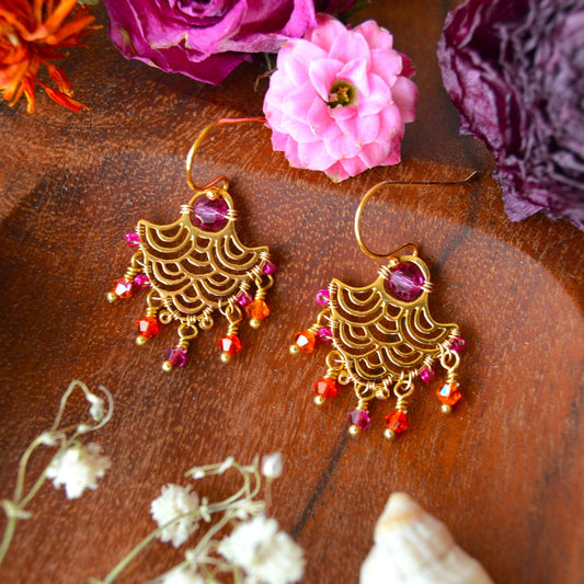 Gold-plated Sterling Silver Earrings Boho Chic - Waterfall - Cerise & Orange.