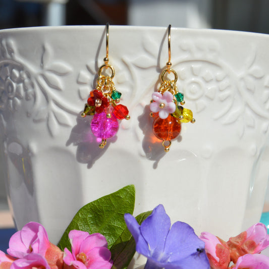Gold-plated sterling silver earrings featuring glass beads, Czech glass faceted bicones and beads, and lampwork flowers. The Chunky Ones.