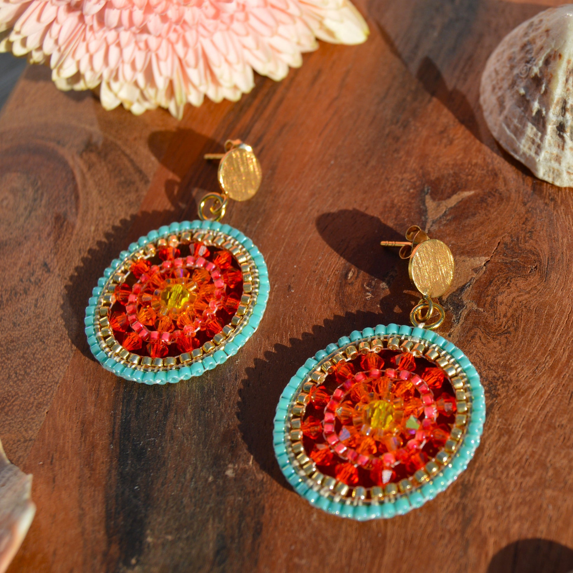 Woven gold-plated sterling silver earrings. Colourful statement earrings with studs.