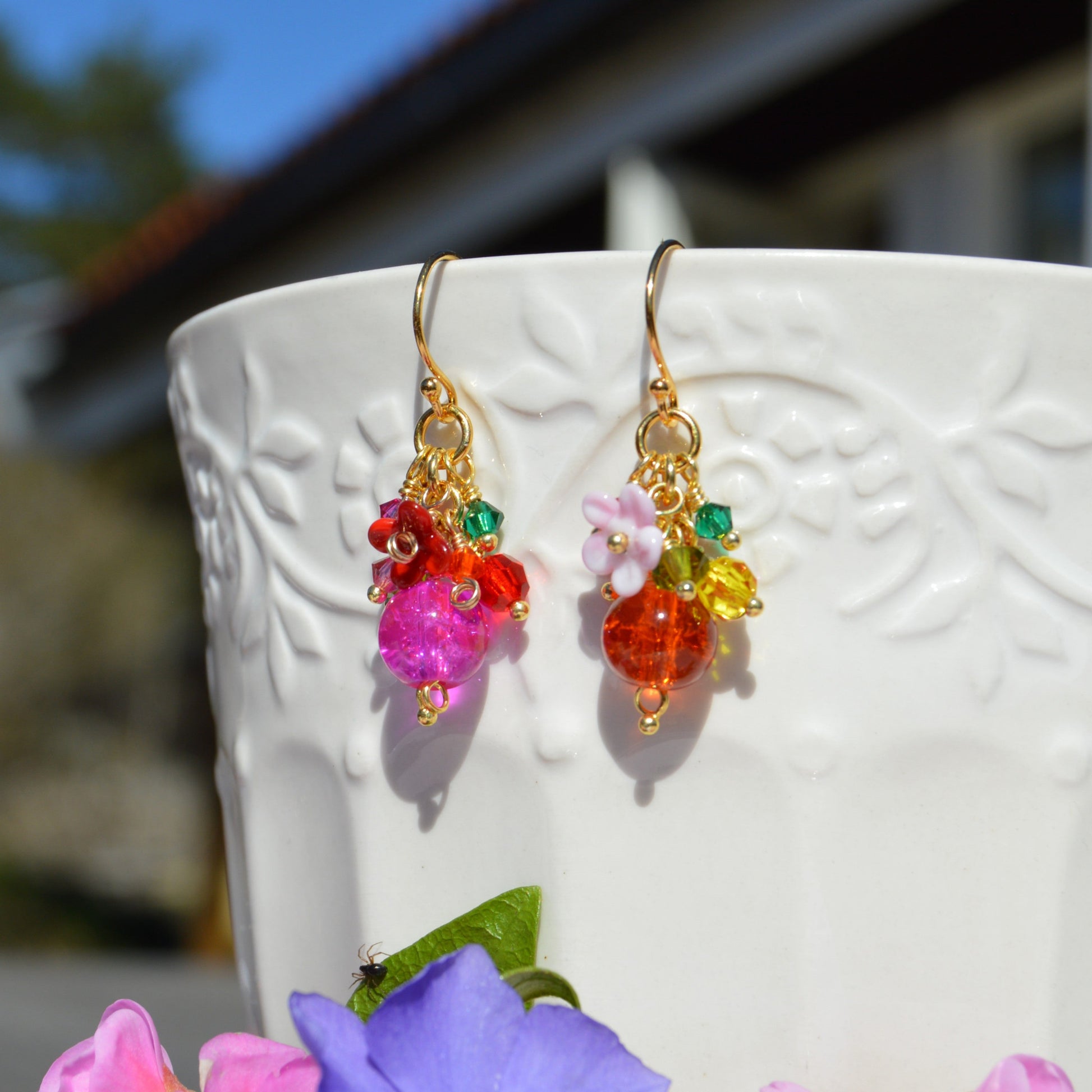 Gold-plated sterling silver earrings featuring glass beads, Czech glass faceted bicones and beads, and lampwork flowers. The Chunky Ones.
