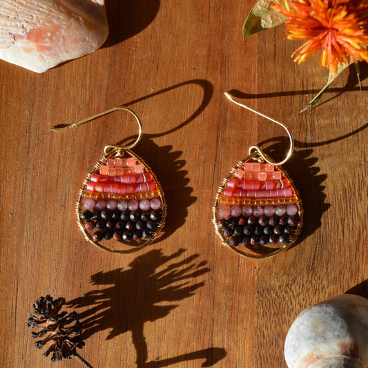 Gold-plated Sterling Silver Drop Earrings woven with Red Tiger Eye & Pink Tourmaline, and seed beads.