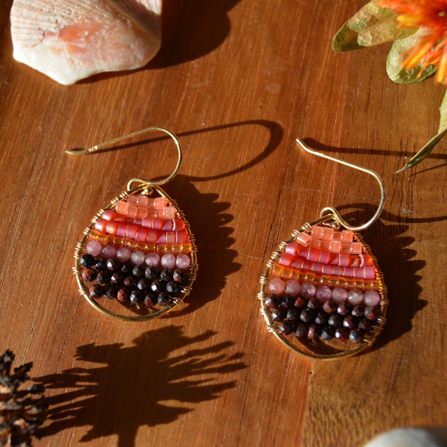 Gold-plated Sterling Silver Drop Earrings woven with Red Tiger Eye & Pink Tourmaline, and seed beads.