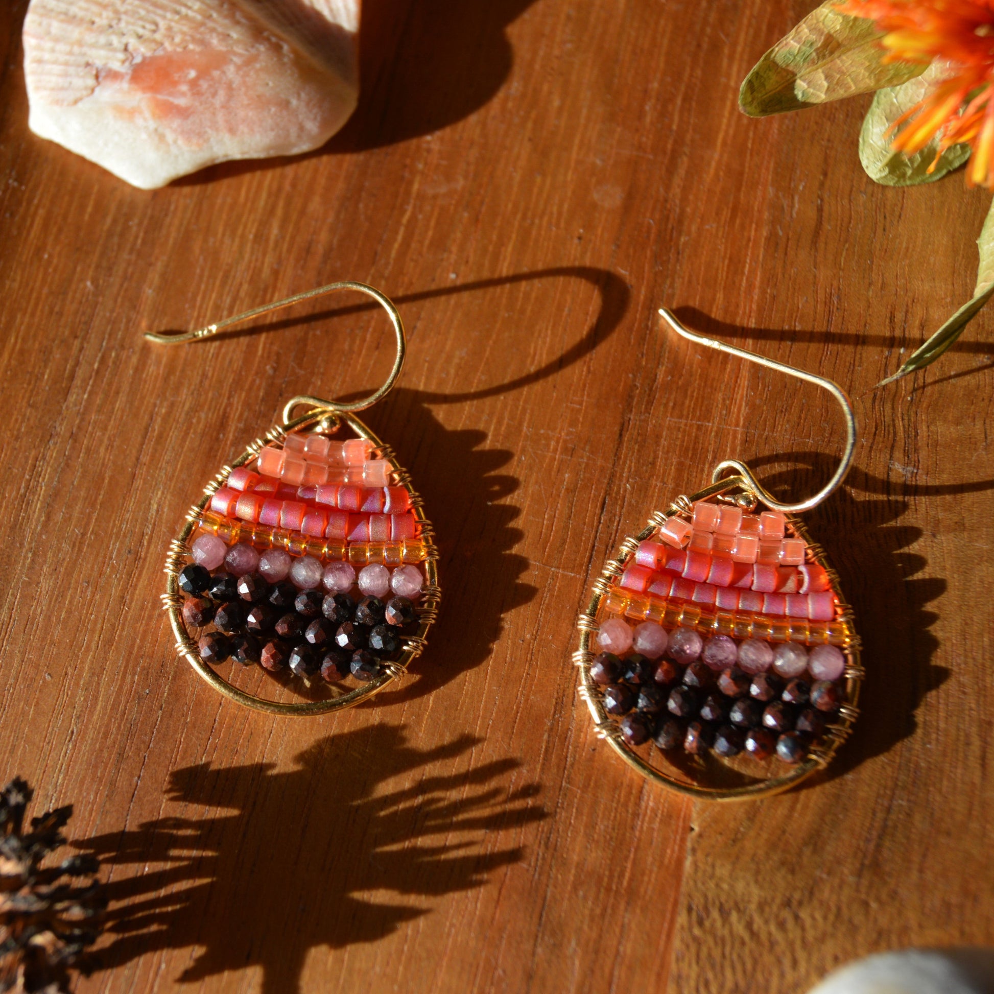 Gold-plated Sterling Silver Drop Earrings woven with Red Tiger Eye & Pink Tourmaline, and seed beads.