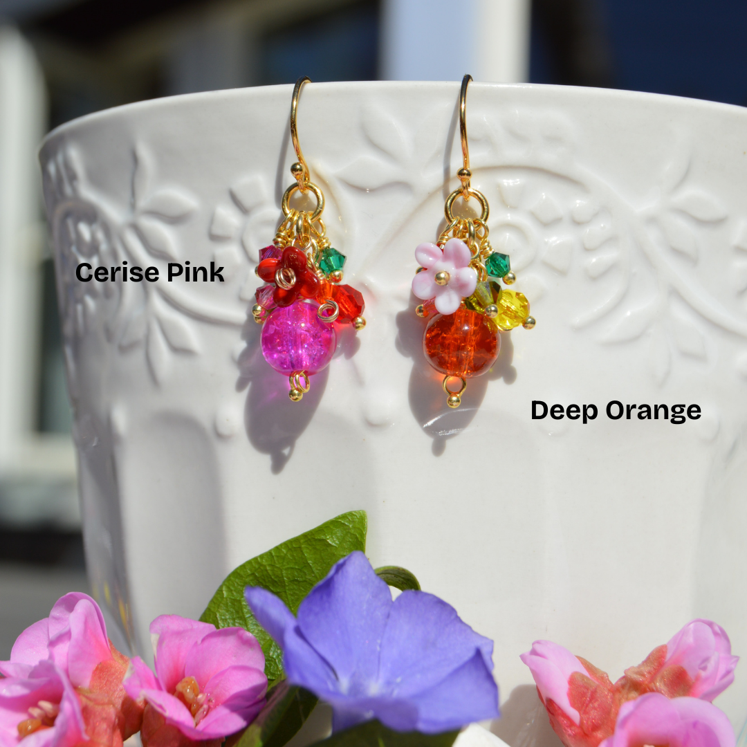 Gold-plated sterling silver earrings featuring glass beads, Czech glass faceted bicones and beads, and lampwork flowers. The Chunky Ones.