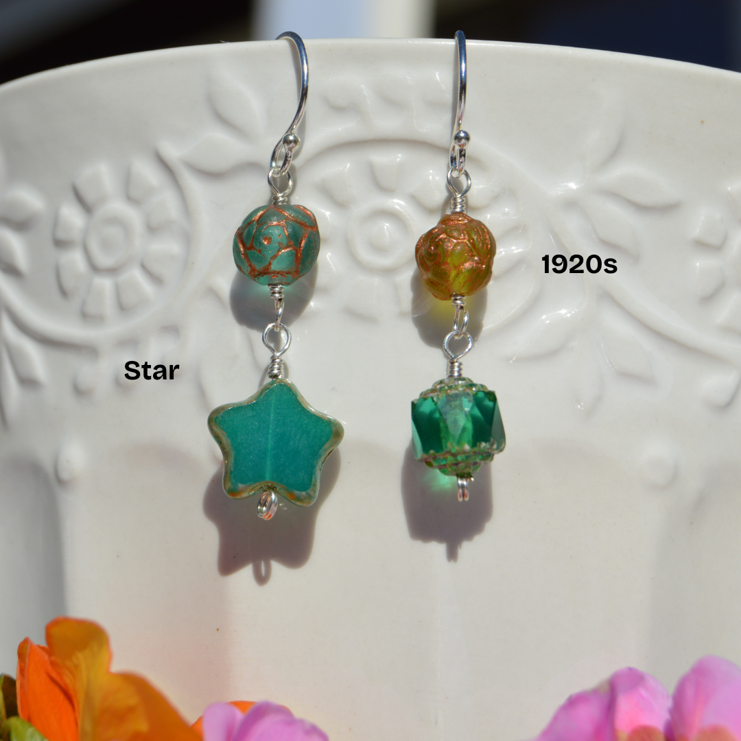 Sterling silver earrings made of Czech glass beads in green and turquoise tones.